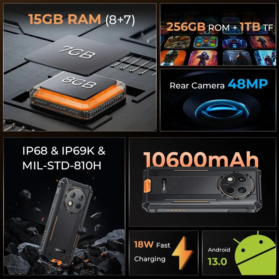 Global Version 4G Rugged Cell Phone 10600mAh, 8gbram 256GB ROM smartphone 48MP Cámara Teléfono móvil para Oukitel Wp28