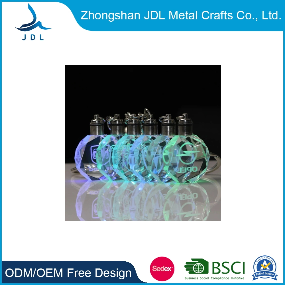 Custom 3D Relief Logo LED Bulb Glass Crystal Lighting Souvenir Gift Metal LED Keychain Bag Charm Pompons Finder Solar LCD Key Ring