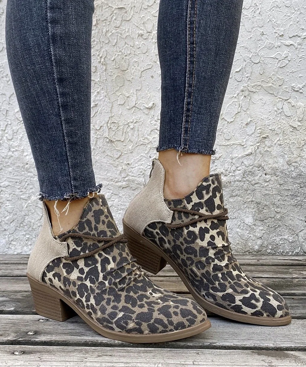 OEM Western Fashion Shoes Dear-Lover Leopard Retro Canvas Patchwork Chunky Heel Boots for Women