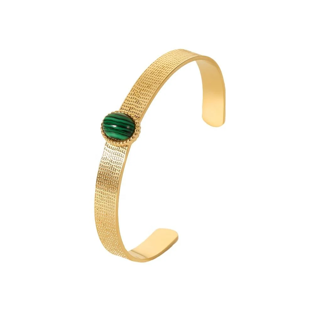 Excellent 18K Gold Plated Green Malachite Insert Stainless Steel Bangle