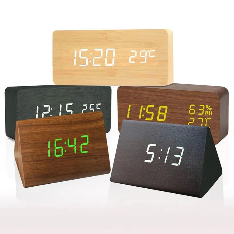 Hogar personalizado Marco decorativo de fotos de madera de cristal Reloj de mesa digital Mesa alarma Reloj