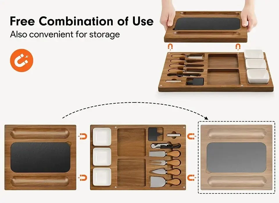3 in 1 Acacia Käse Platte Messer Set Magnetische Käse Platte, Zubehör reich