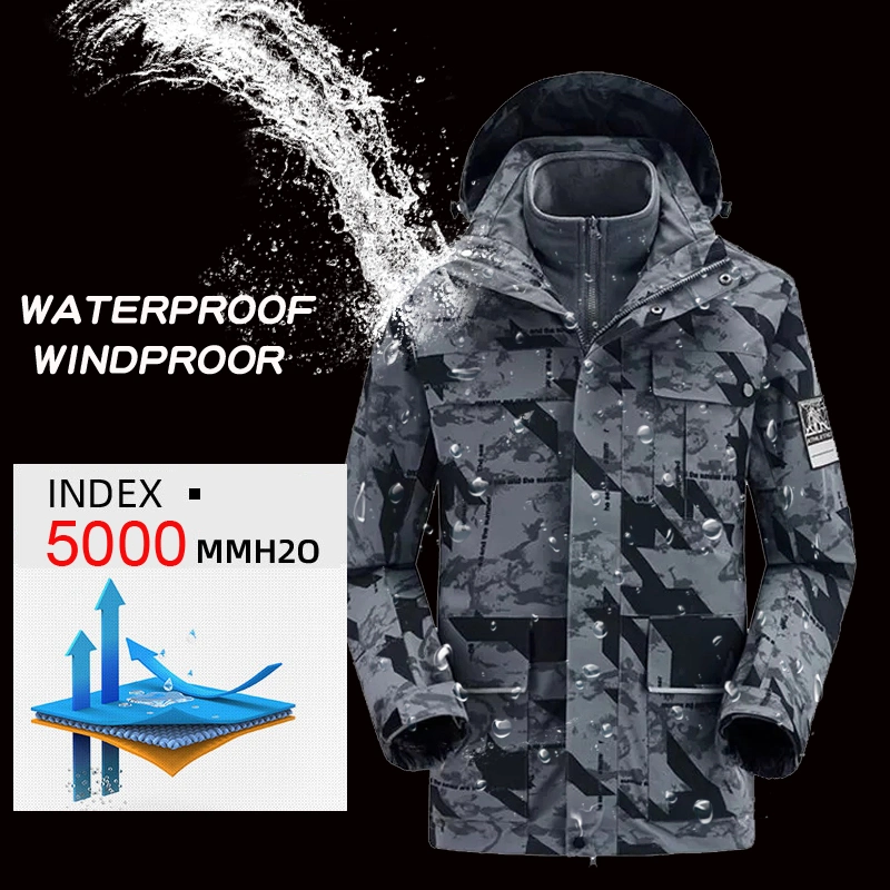 Camo Ski Wear with Hood Waterproof Hiking Fishing Travel Fleece Inner Jacket Warm Parka Coat