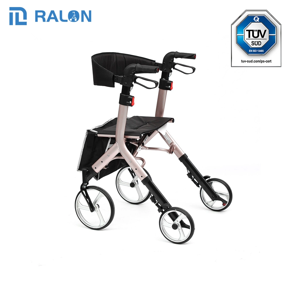 Elderly Indoor Manual Aluminum Rollater Custom Logo Lightweight Mobility Four Wheel Rollator with Seat