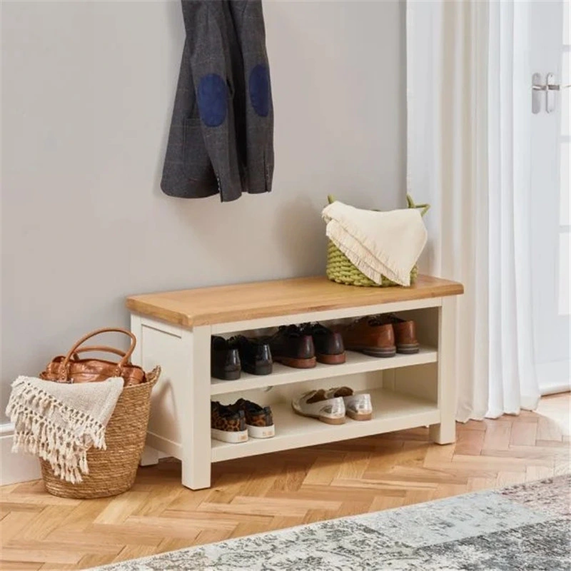 2 niveles de madera Crema Painted Shoes Rack Organizer - Banco de almacenamiento de Zapatos Armario para el pasillo Muebles