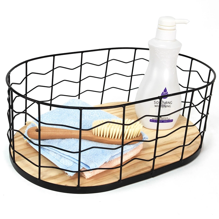 Oval Snack Food Wire Organizer Bamboo Base Kitchen Fruit Storage Metal Basket