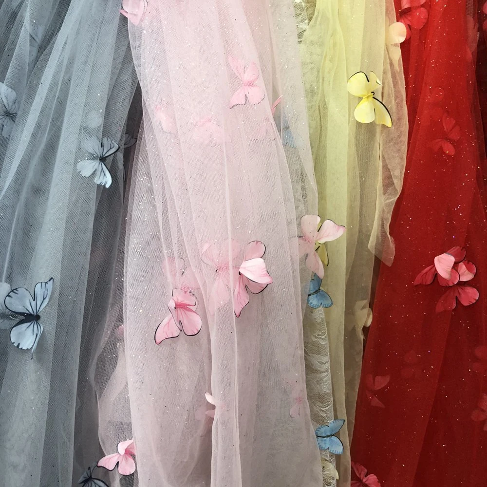 Tejido de punto de poliéster de malla brillante con diseño de mariposa para Vestido de boda