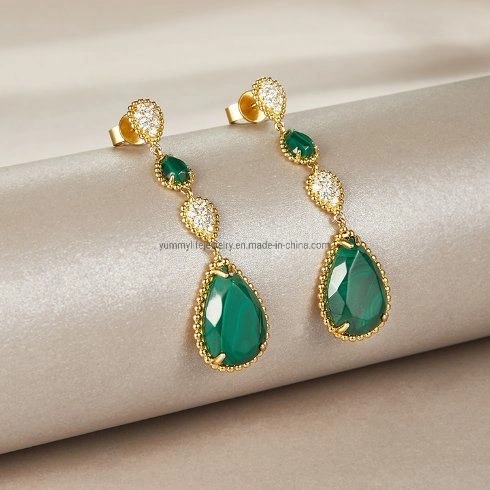 Plaqué or long charme naturel Collier Malachite Earrings Bijoux fixe