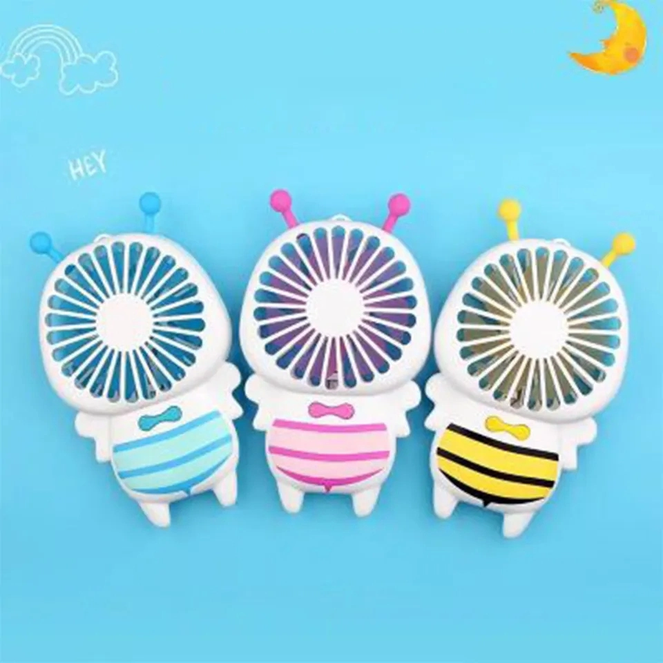 Venta al por mayor Stock pequeña Orden Cartoon Bee Shape Luz LED nocturna Mini ventilador práctico Mini ventilador USB Lectric operado por batería