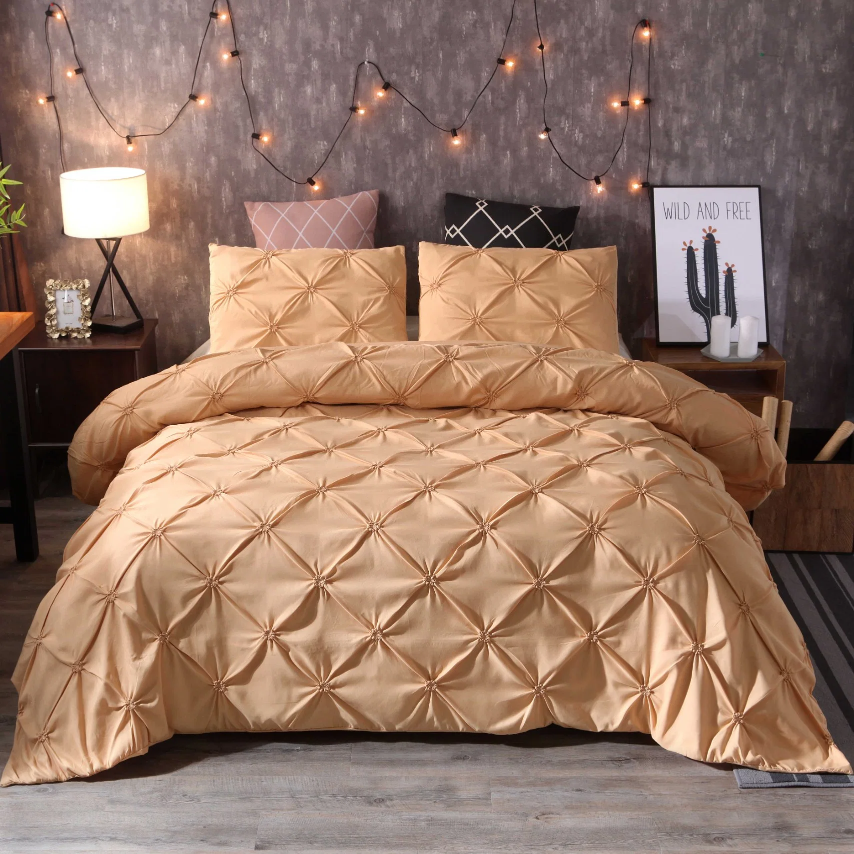 Luxury Design Pinch Pleated Elastic Embroidery Tufted Bedding Bedsheet Duvet Cover Set