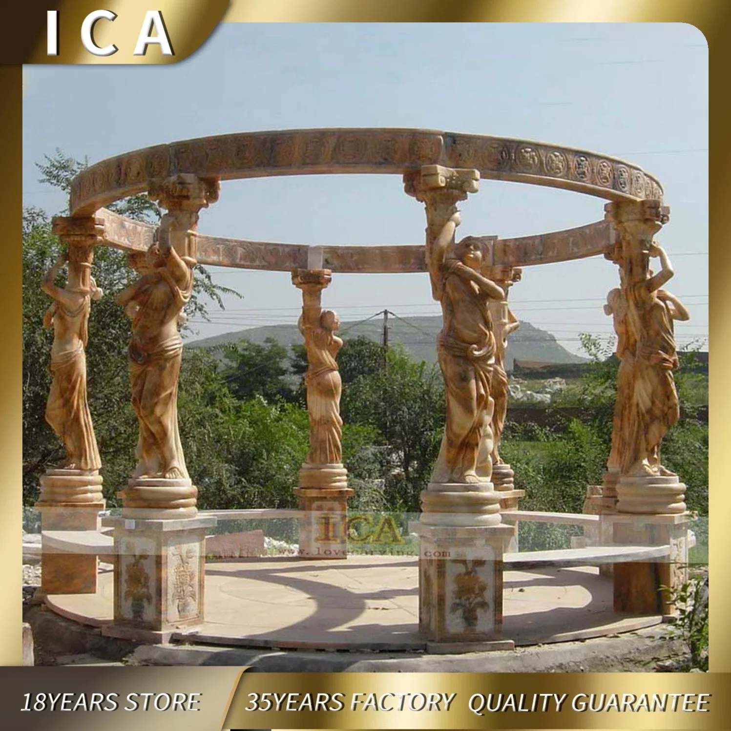 Large Sculpture Column Granite or Marble Gazebo with Iron Roof