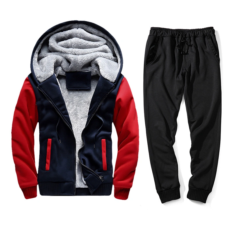 2021 S-2XL Contrast Colors Winter Daily Fleece Jogging Training Zipper Hoodie Men&prime; S Sportswear Tracksuit Set with Warm Fur Lining