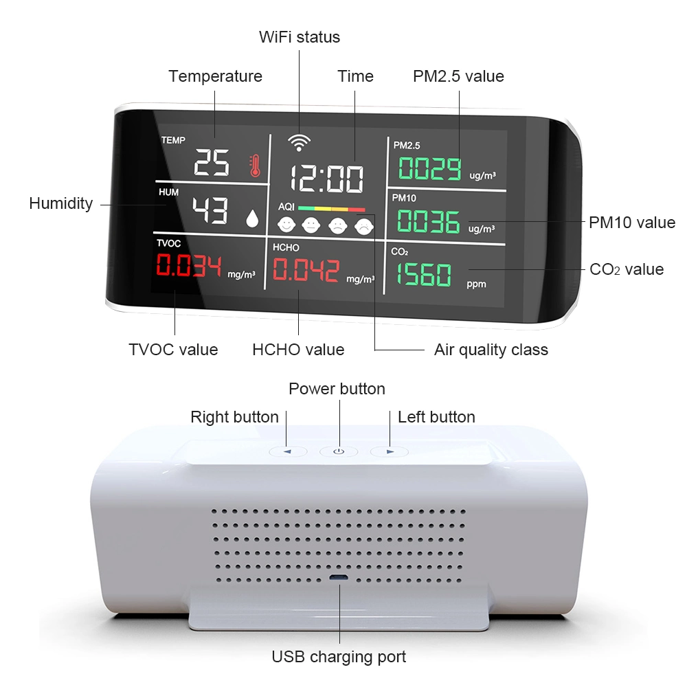 جهاز قياس جودة الهواء LCD كبير مزود باتصال WiFi للهاتف المحمول سجلات المحفوظات