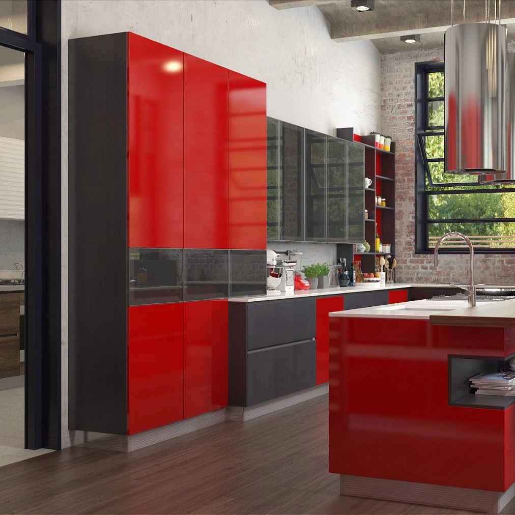 Modern Cabinets Furniture Red Industrial High Glossy Lacquer Wood Kitchen Cabinet