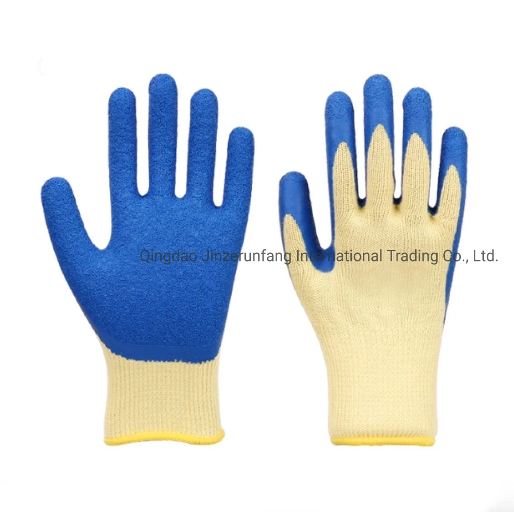 En388 Blue Latex Wrinkled Coated Yellow Polyester Safety Work Construction Gloves