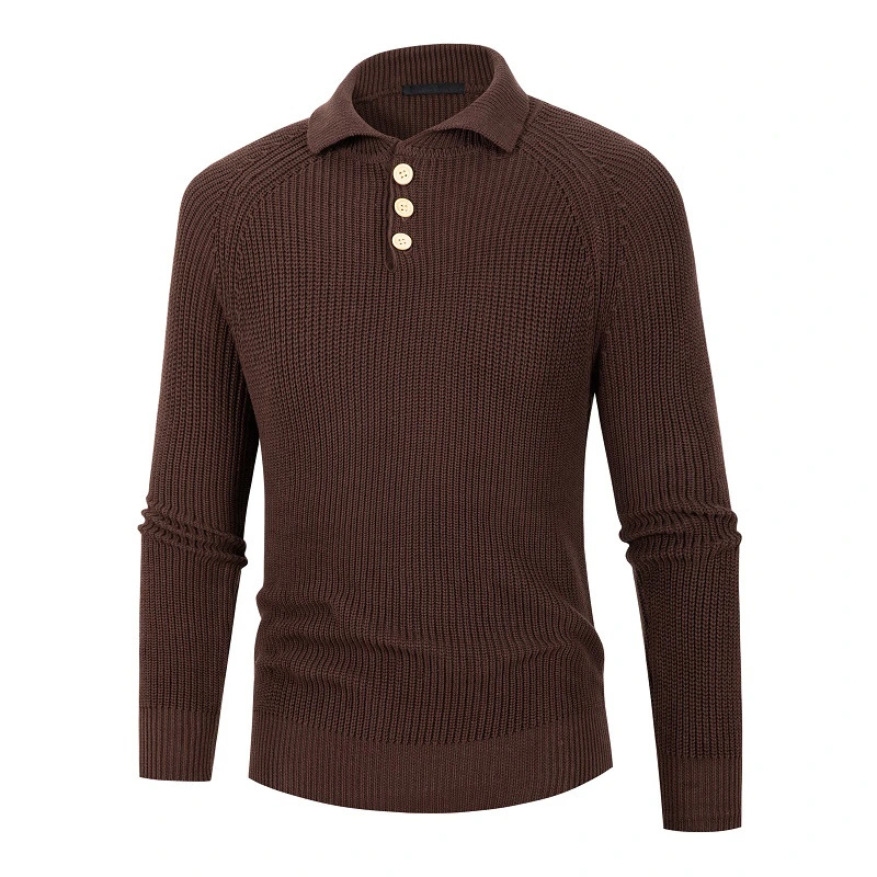 Pulls à col polo pour hommes en noir et marron pour l'hiver, décontractés et amples, avec boutons, pulls tricotés pour hommes.