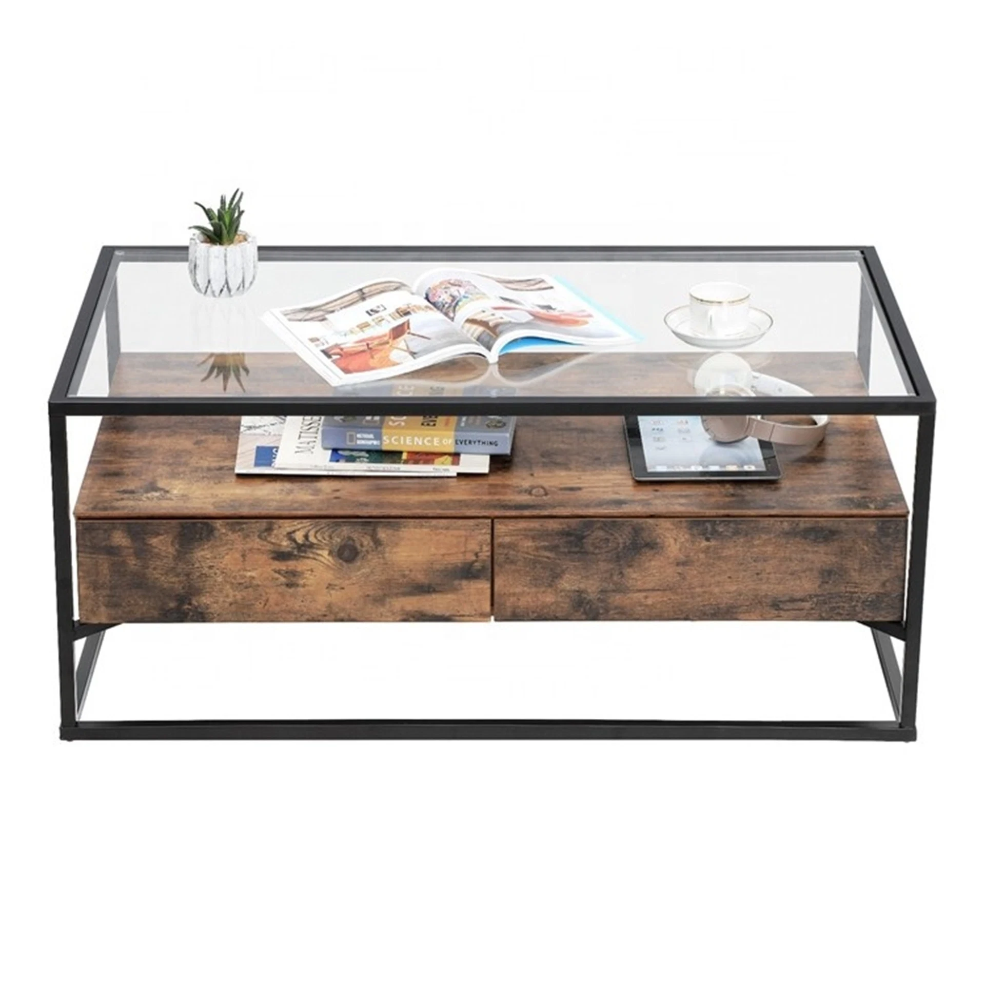 Customized Glass Coffee Table with 2 Drawers Tempered Glass Top with Storage Shelf