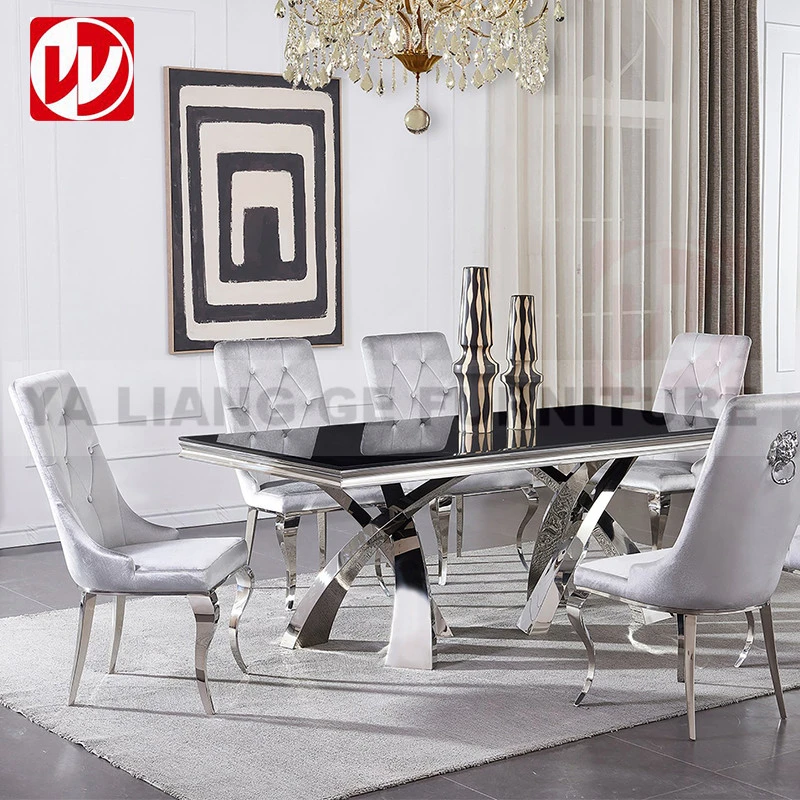 Modern Living Room Furniture Dining Table Sets Black Glass Stainless Steel Home Dining Table