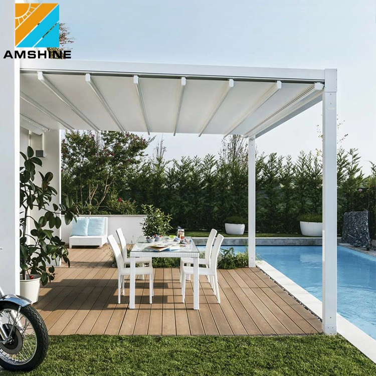 New Design Folding Electric Modern Sun Shade Awning Outdoor Bioclimatic Gazebo Pergola PVC Roof Waterproof Patio Sunroom Retractable Sliding Roof with LED Light