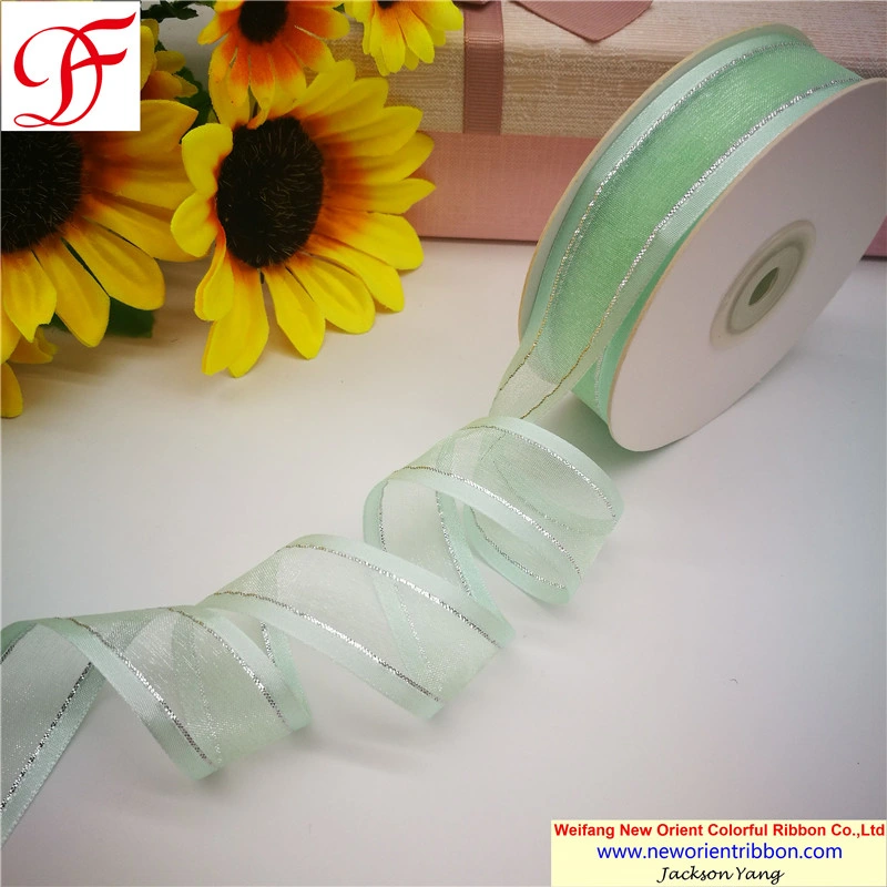 100% Nylon Satin Edge Organza Ribbon with Metallic Trims for Wrapping/Decoration/Xmas/Bows/Garment/Gift/Party Decoration From China Big Factory