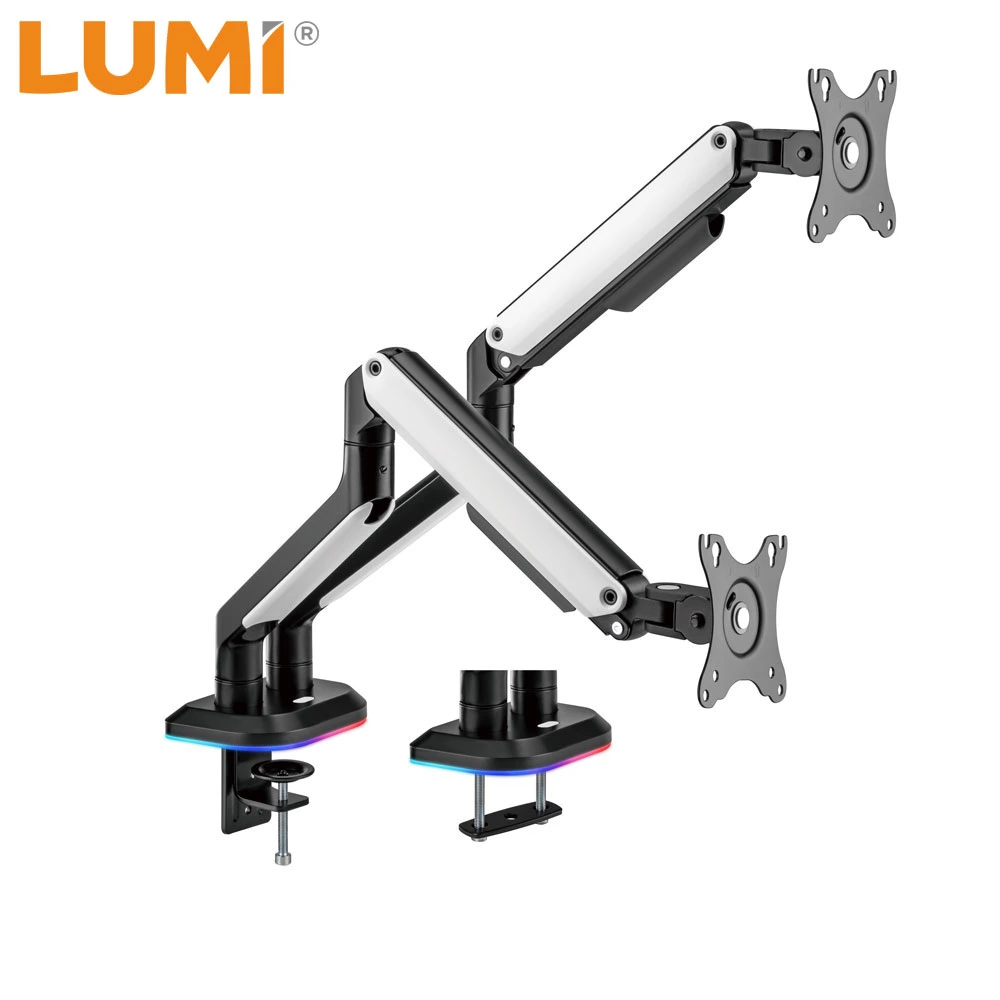 LUMI OEM ODM Dual Office Desk Mount Adjustable Computer Monitor Arm with RGB Lighting