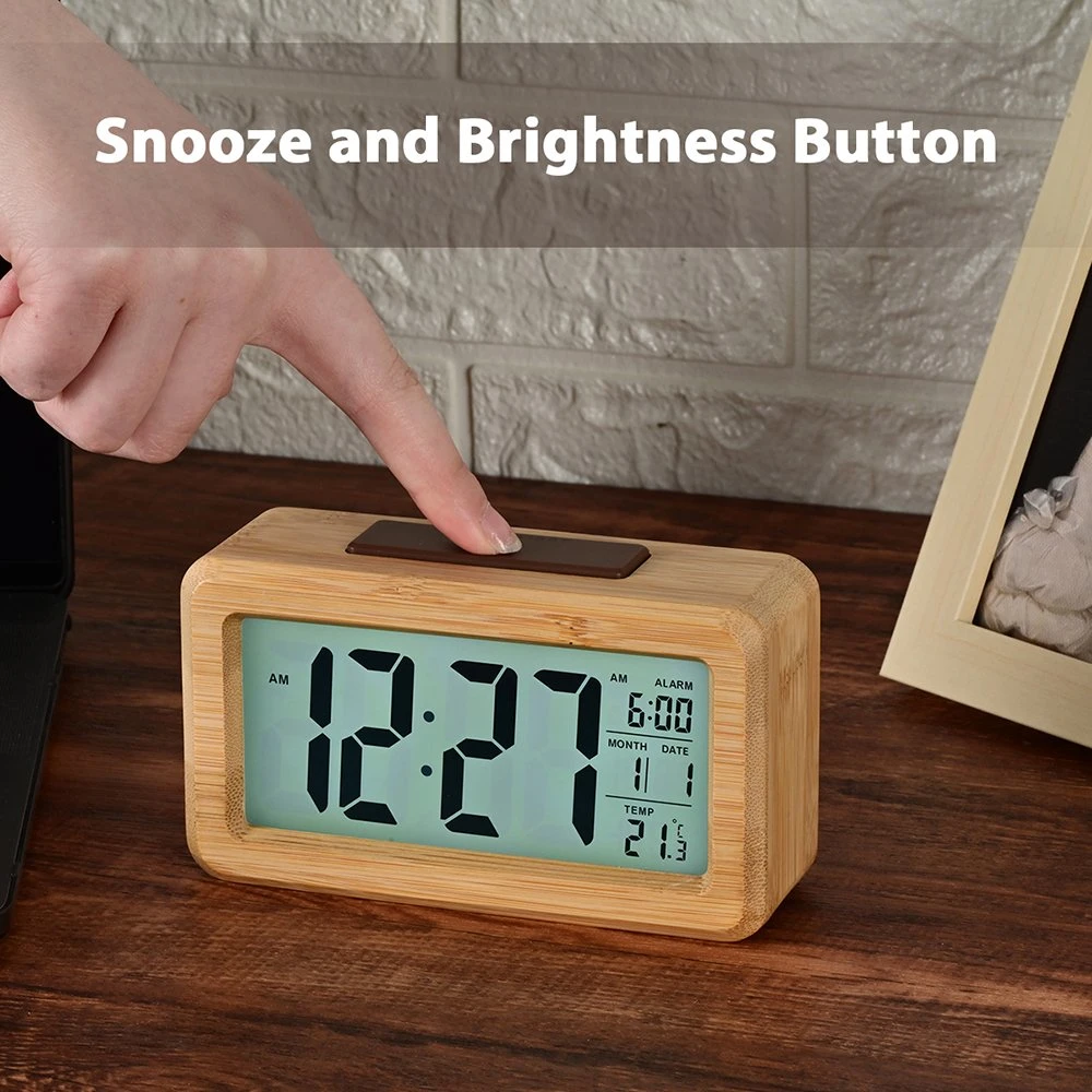 Reloj despertador inteligente natural con calendario LCD Bamboo