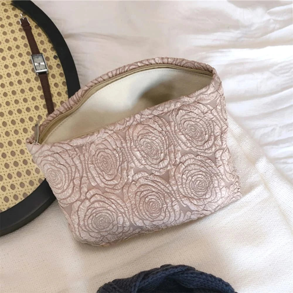 Women Floral Travel Makeup Bag Cosmetic Pouch Purse Organizer Canvas Lining Cute Khaki Rose