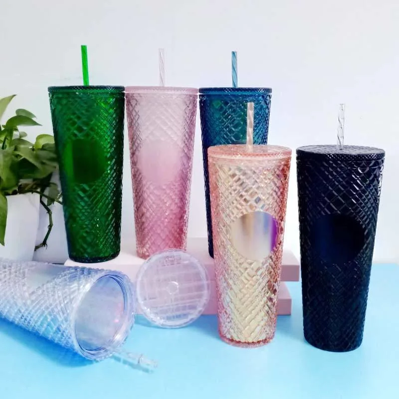 Wholesale/Supplier 24oz Bulk Reusable Diamond Drinking Cups Double Wall Matte Plastic Tumbler Cups Acrylic Plastic Tumbler Cups