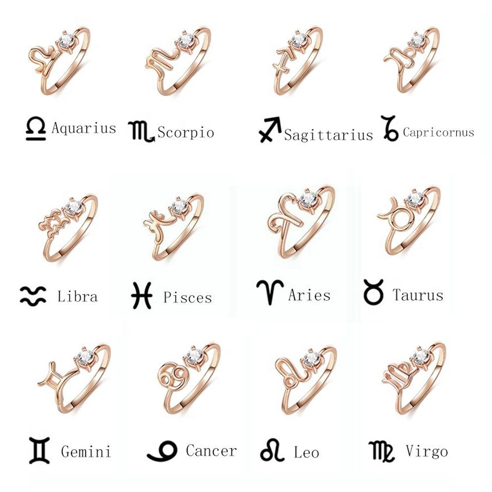 Custom Logo Trendy Rose Gold Plated Jewelry 925 Sterling Silver 12 Zodiac Astrology Sign Horoscope Ring Constellation Zircon Cluster Rings