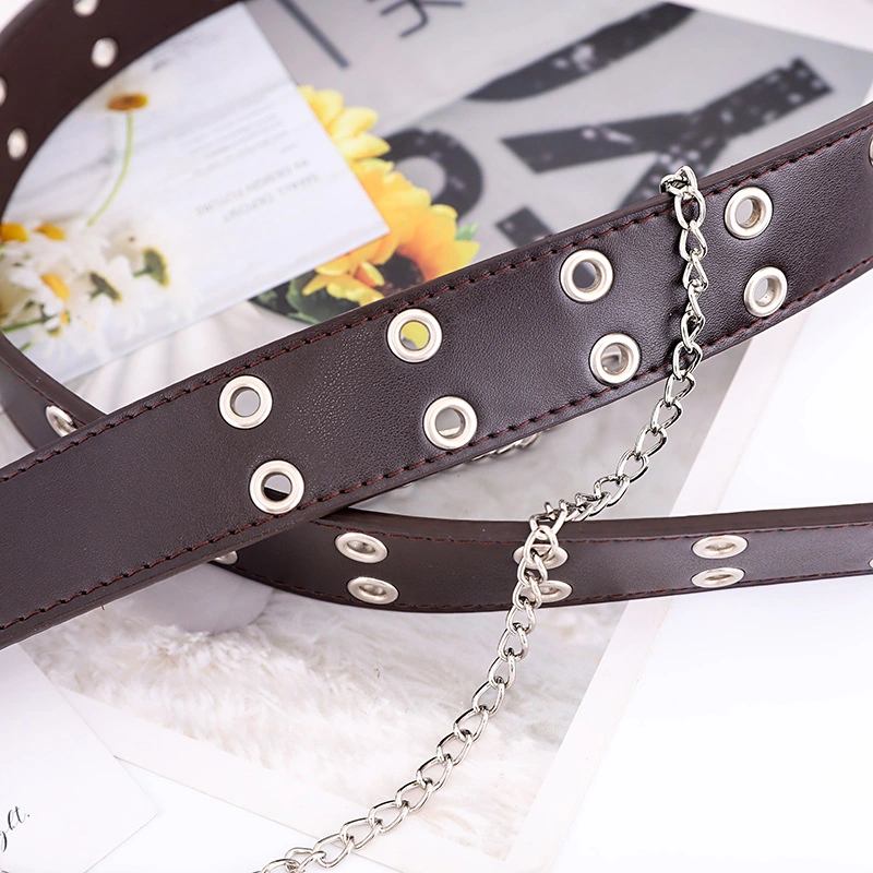 New Punk Style Double Eyelet PU Belt Women's Korean Style Jeans Fashion Chain Decoration Wide Belt Women