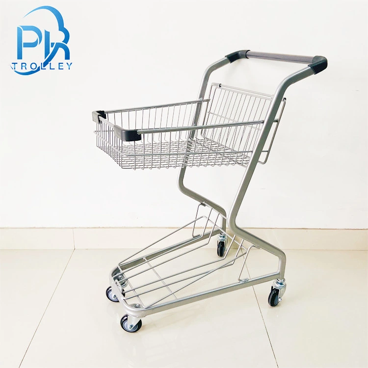 Two Tire Sliver Grocery Store Shopping Cart with Plastic Basket