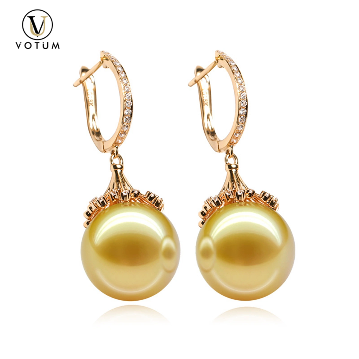 Votum OEM 18K Real Gold Diamonds Custom Seawater Pearl Hoop Eardrop Earring Wedding Jewelry