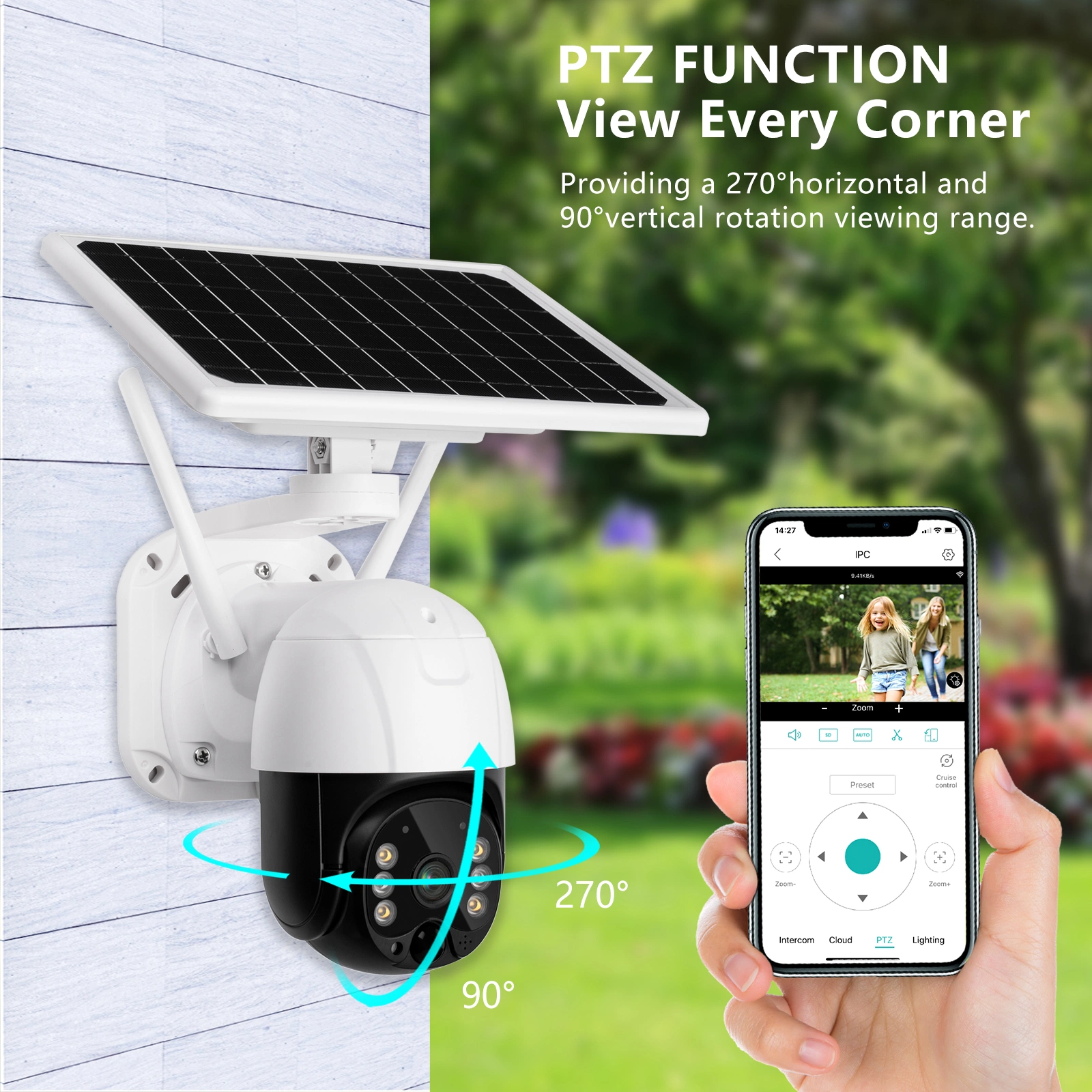 360 Grad Video IP Digital Wireless Ai IP-Sicherheit für den Außenbereich Überwachung Garten Farm WiFi PTZ Dome Solarpanel Kamera