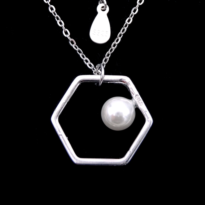 Hexagon Shaped Pearl Jewelry Plating Rhodium Real Silver Necklace