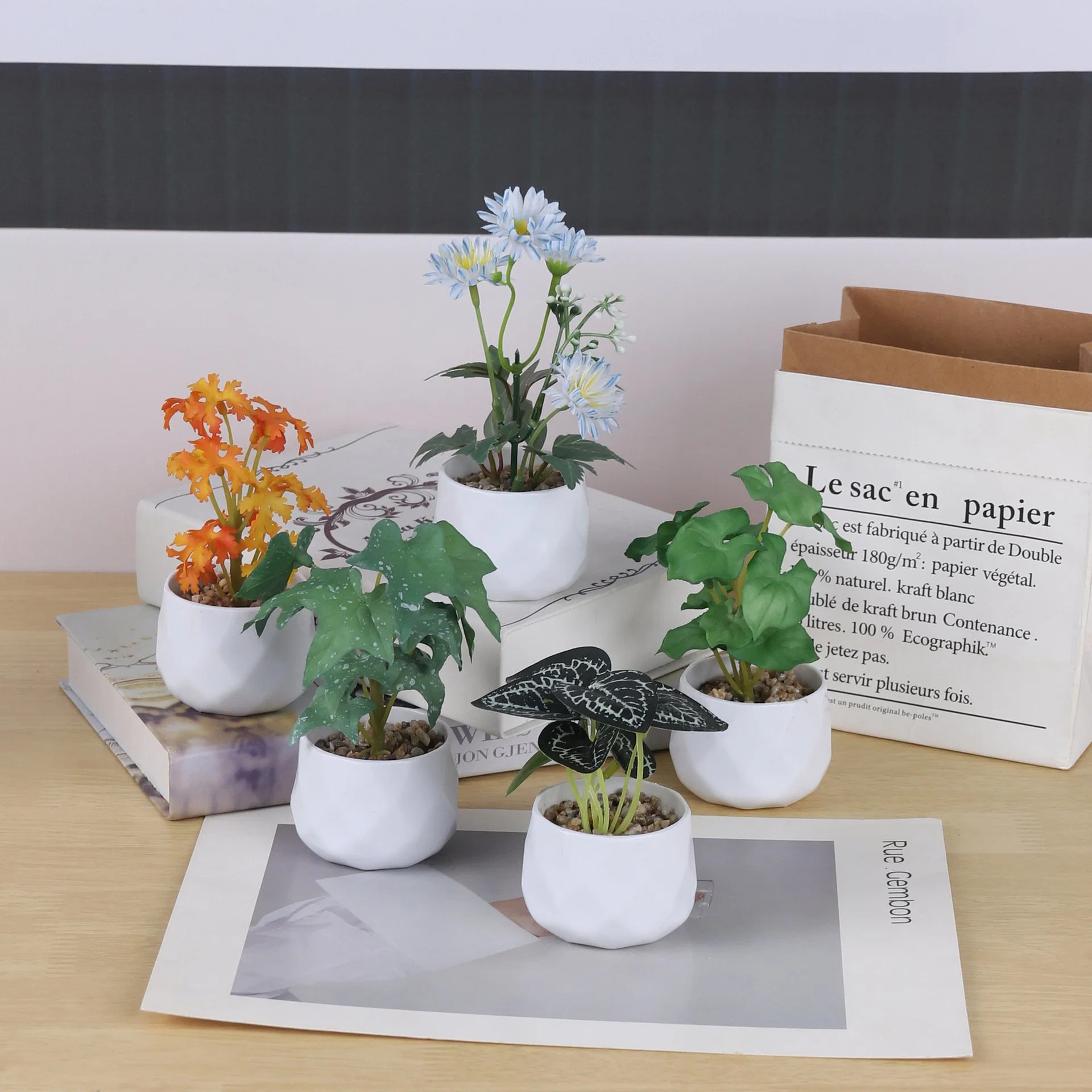 Mini Plastic Artificial Pot Plant Green Chrysanthemum Flower Simulation Bonsai