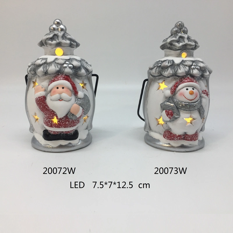 Handling Ceramic Santa&Snowman Assortment Storm Lantern, LED Night Light Lamp for Christmas Decoration