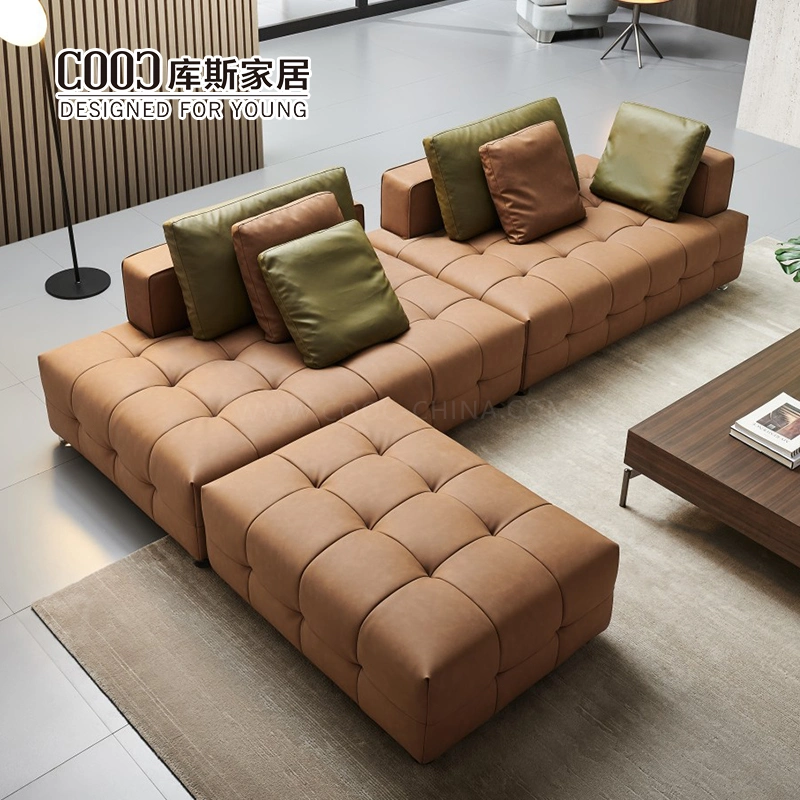 Móveis de sala de estar para casa, design moderno, sofá de canto modular em forma de L, em couro genuíno, com acabamento capitonê.