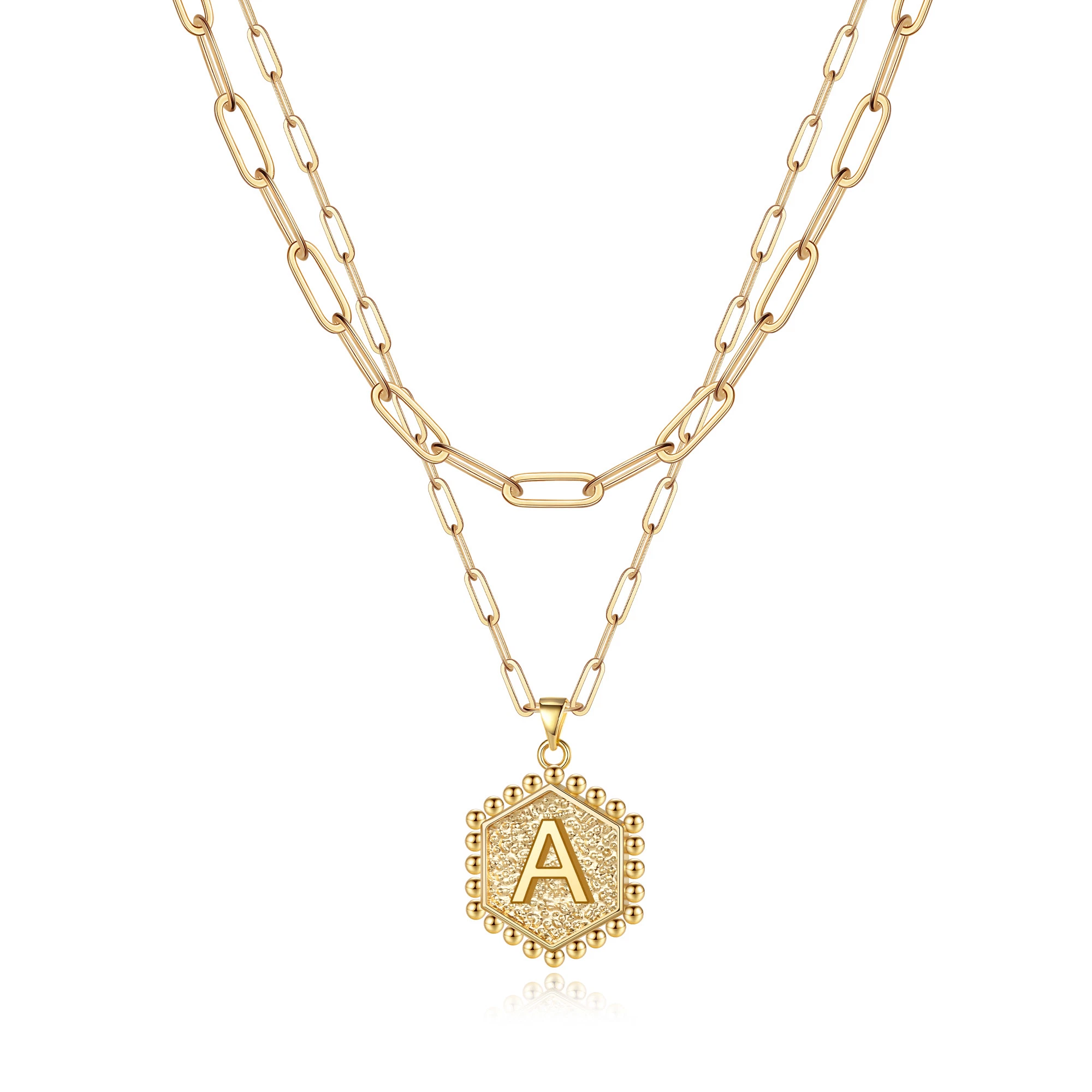 Zierliche Lagenlook anfängliche Halsketten für Frauen 14K vergoldete Büroklammer Kette Halskette Einfach Niedlich Hexagon Buchstabe Anhänger Initial Choker Halskette