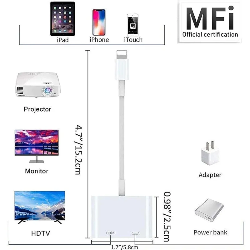 8pin to HDMI AV Video Adapter for Apple Lightning to Digital AV Adapter Converter with Lighting Charging Port for HD TV Monitor