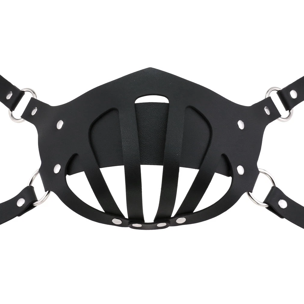 Bdsm Black Leather Harness-Type Headgear with Mouth Plug Funny Bondage Fetish Head Hood Headgear Sex Toys for Sm Game Play