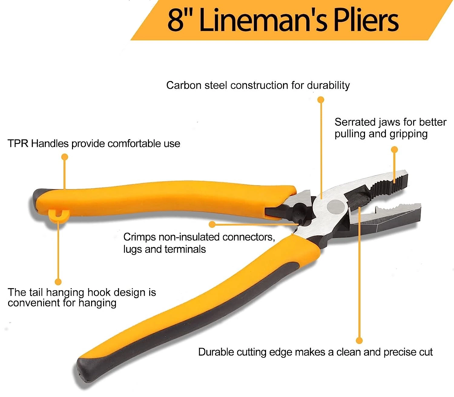 Professional 7-Inch High Leverage Labor-Saving Linesman Combination Pliers with TPR Handles