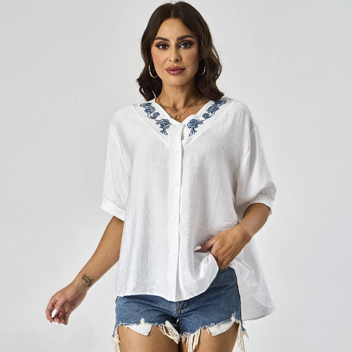 Custom White Color V Neck Floral Embroidery Woven Female Top Short Sleeve Women Shirts