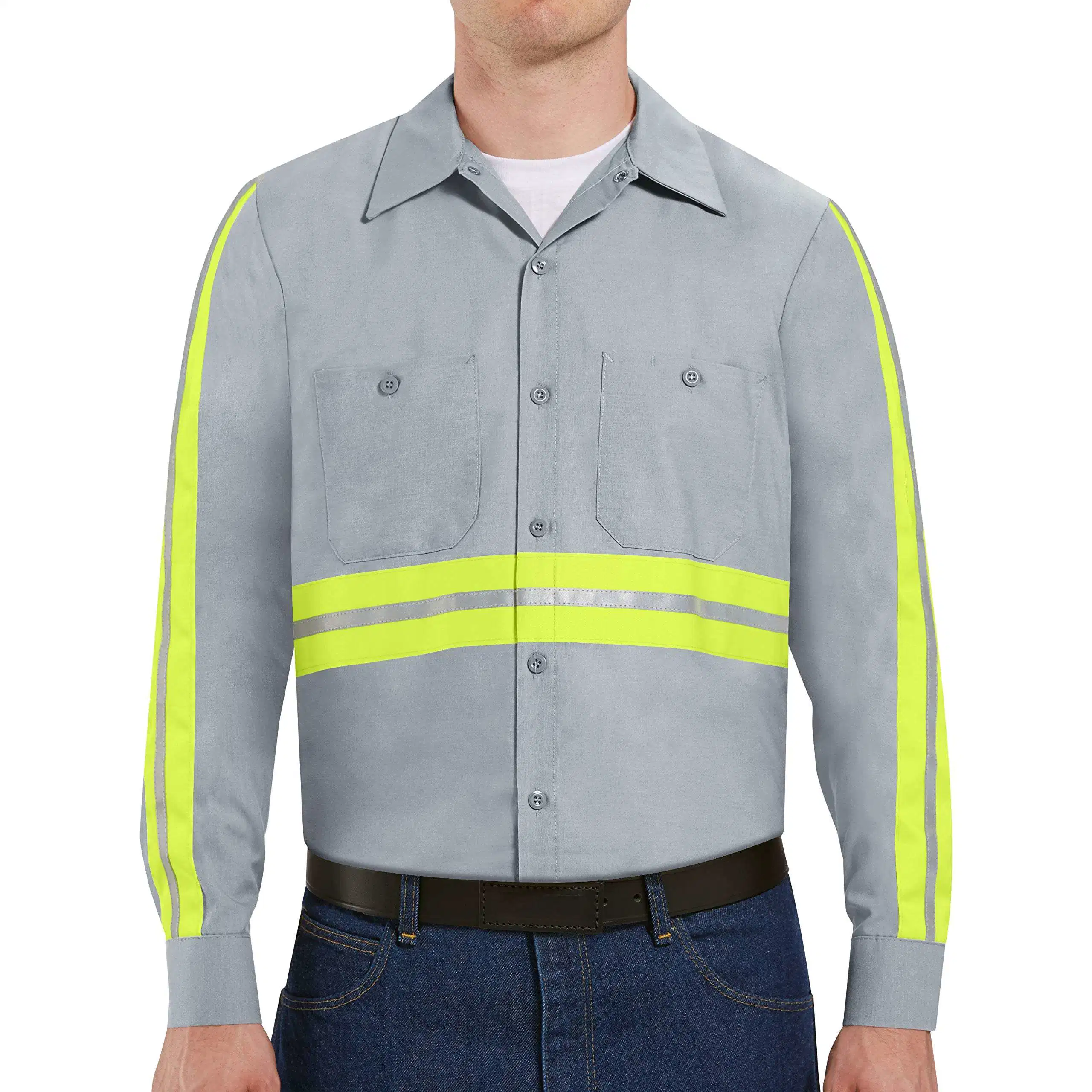 قميص عمل من القطن عالي الوضوح للرجال بوصة S WorkWear قميص عمل بطوق مصفوف بقطعتين صناعي