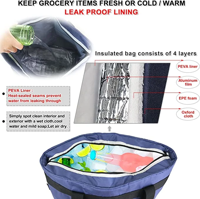 Cooler Bag Insulated Grocery Bags Large Freezer Shopping Cooler Tote for Travel Groceries Beach Thermal Food Delivery Bag to Keep Frozen Food Cold and Hot Food