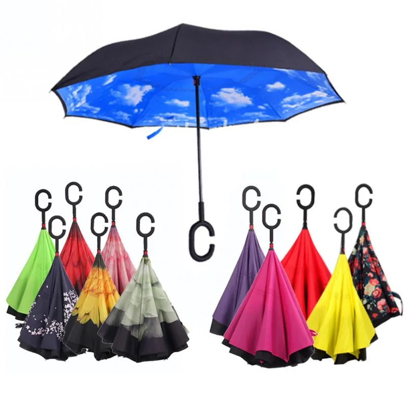 C-Hook Hands Windproof Reverse Folding Double Layer Inverted Umbrella Self Stand Inside out Rain Protection Umbrella