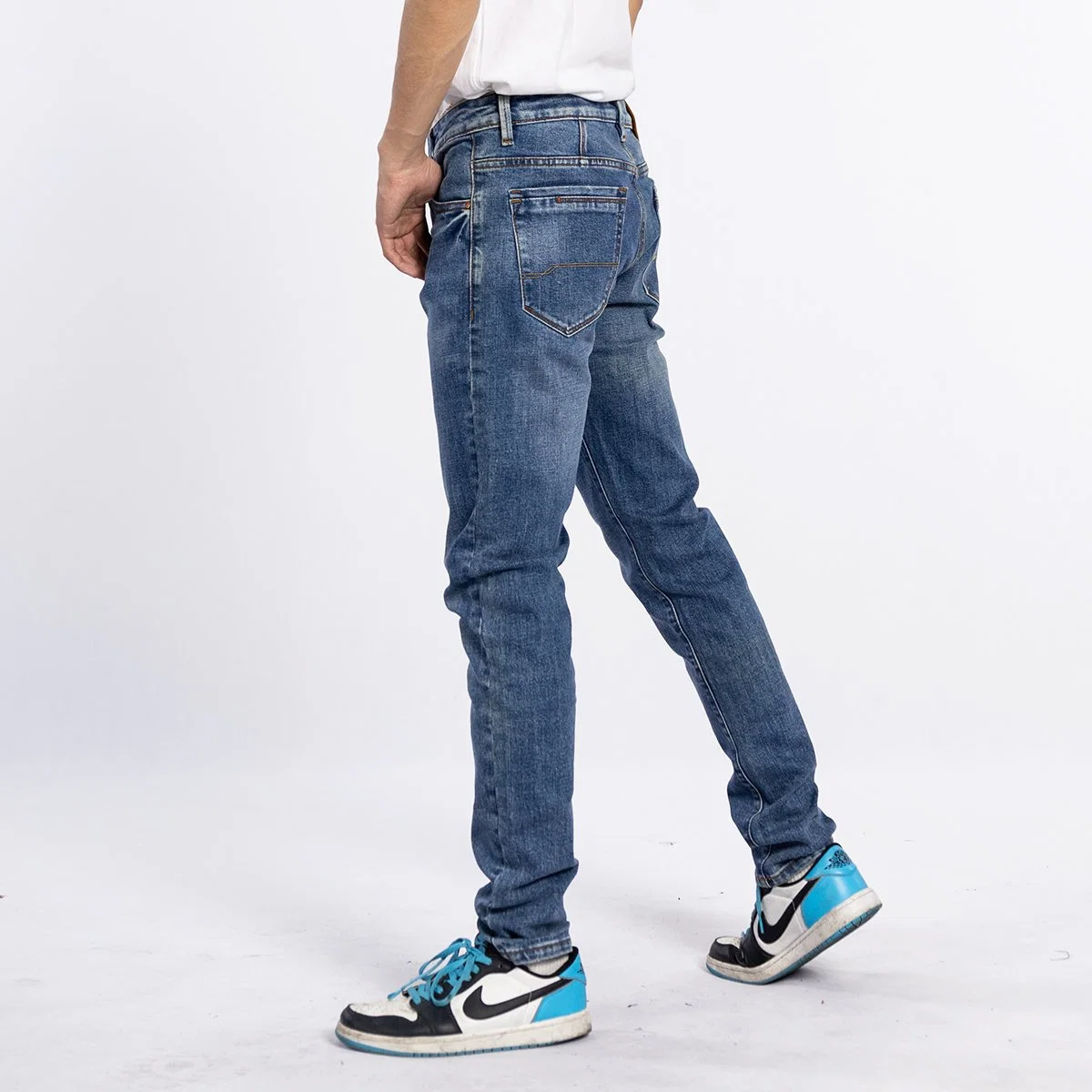 Custom American Style Medium Blue Washed Denim Stretch Men Casual Jeans