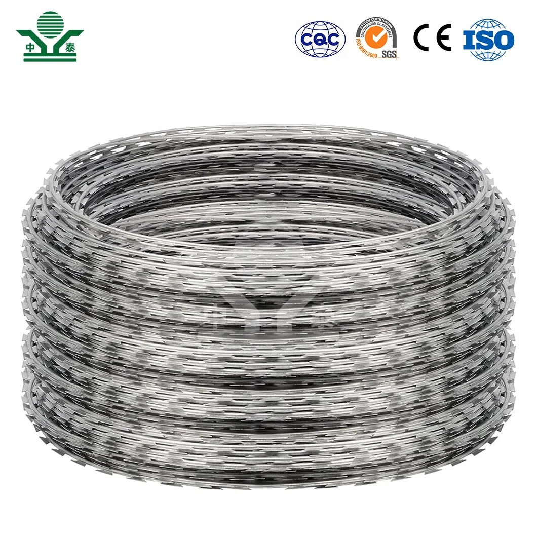 Zhongtai galvanizado arame farpado bobina China fábrica 50 polegada bobina Diâmetro fio de arame de barra espiral utilizado para vedação de segurança de aço galvanizado