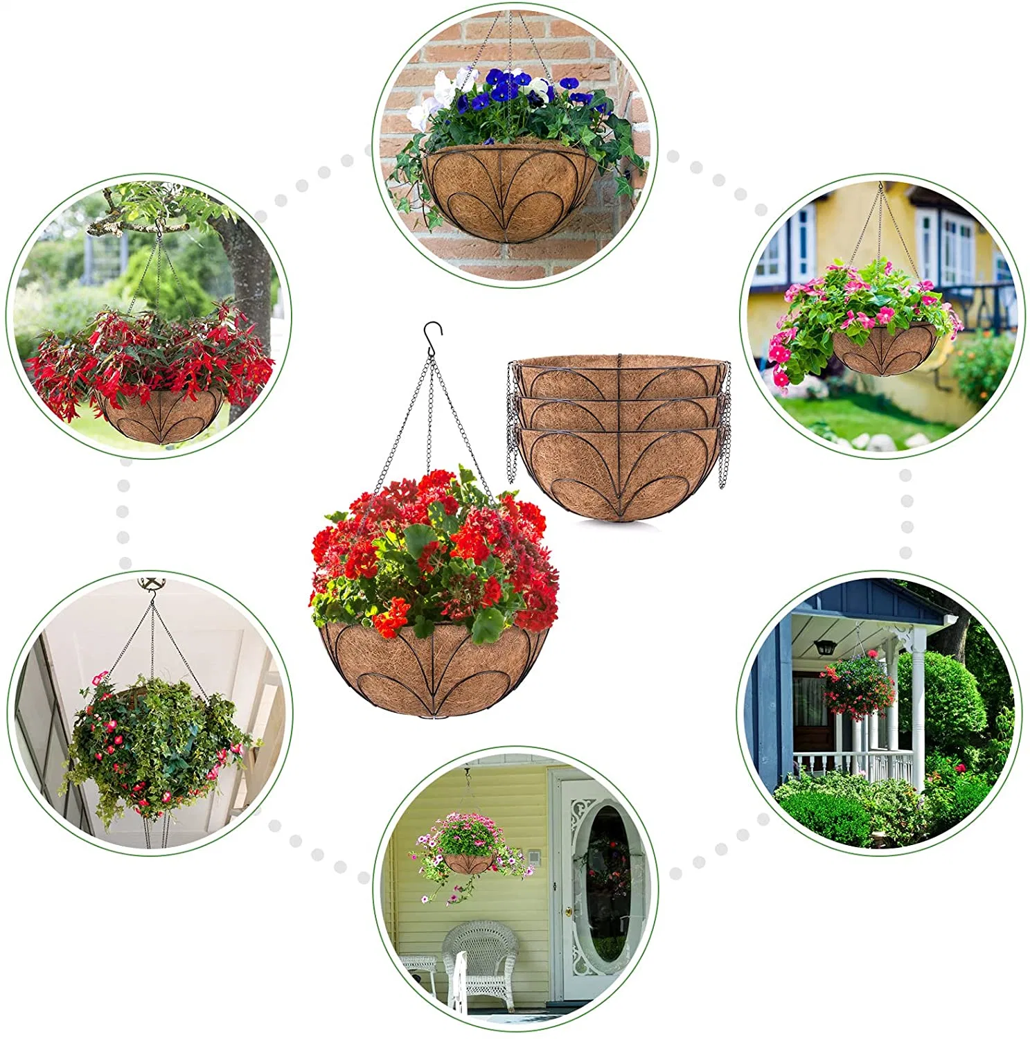 Metal Hanging Planter Basket with Coco Liner, 10 Inches Metal Hanging Basket for Flower, Coco Liners for Plants, Hanging Basket for Plants, Garden, Outdoor, Ind