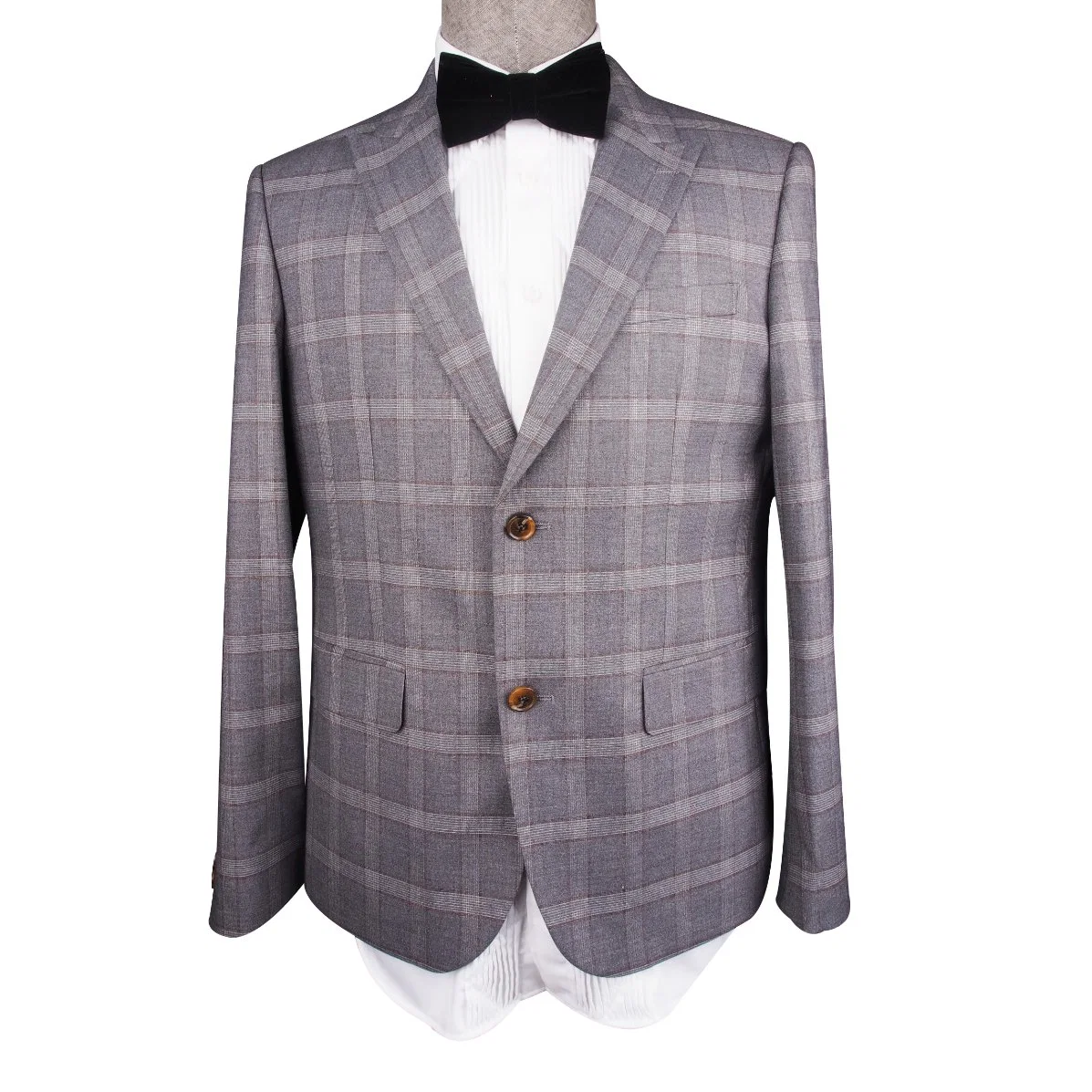 2 Piece Peak Lapel Modern Fit Grey Plaid 100%Wool Business Suit