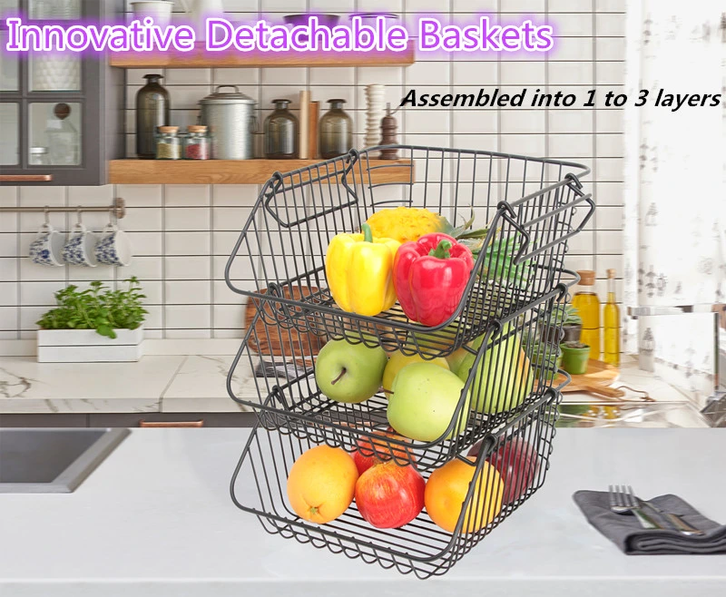 3 Tier Metal Wire Black empilhável armazenamento/compras/comida/flor/Cesto de fruta